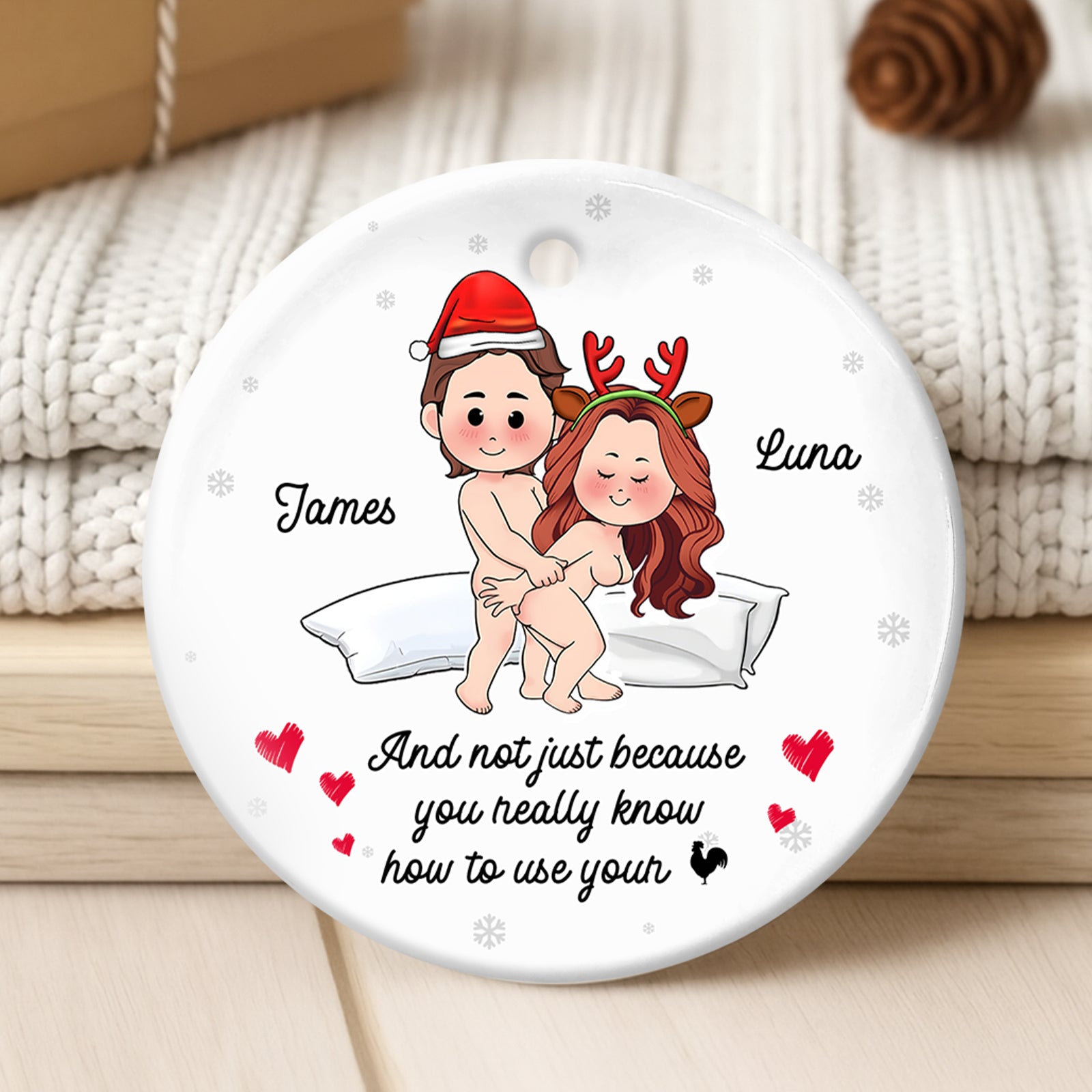 Personalized couple Christmas ornament featuring cartoon couple with names James and Luna in festive attire