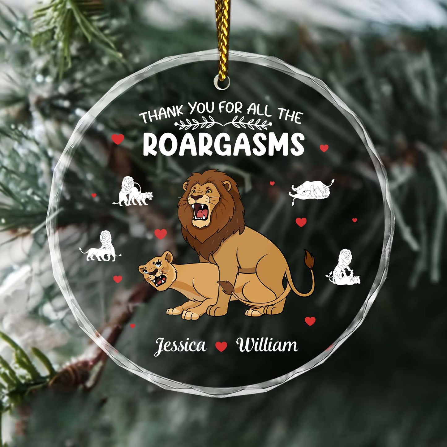 Personalized couple Christmas ornament featuring a lion and lioness with the names Jessica and William