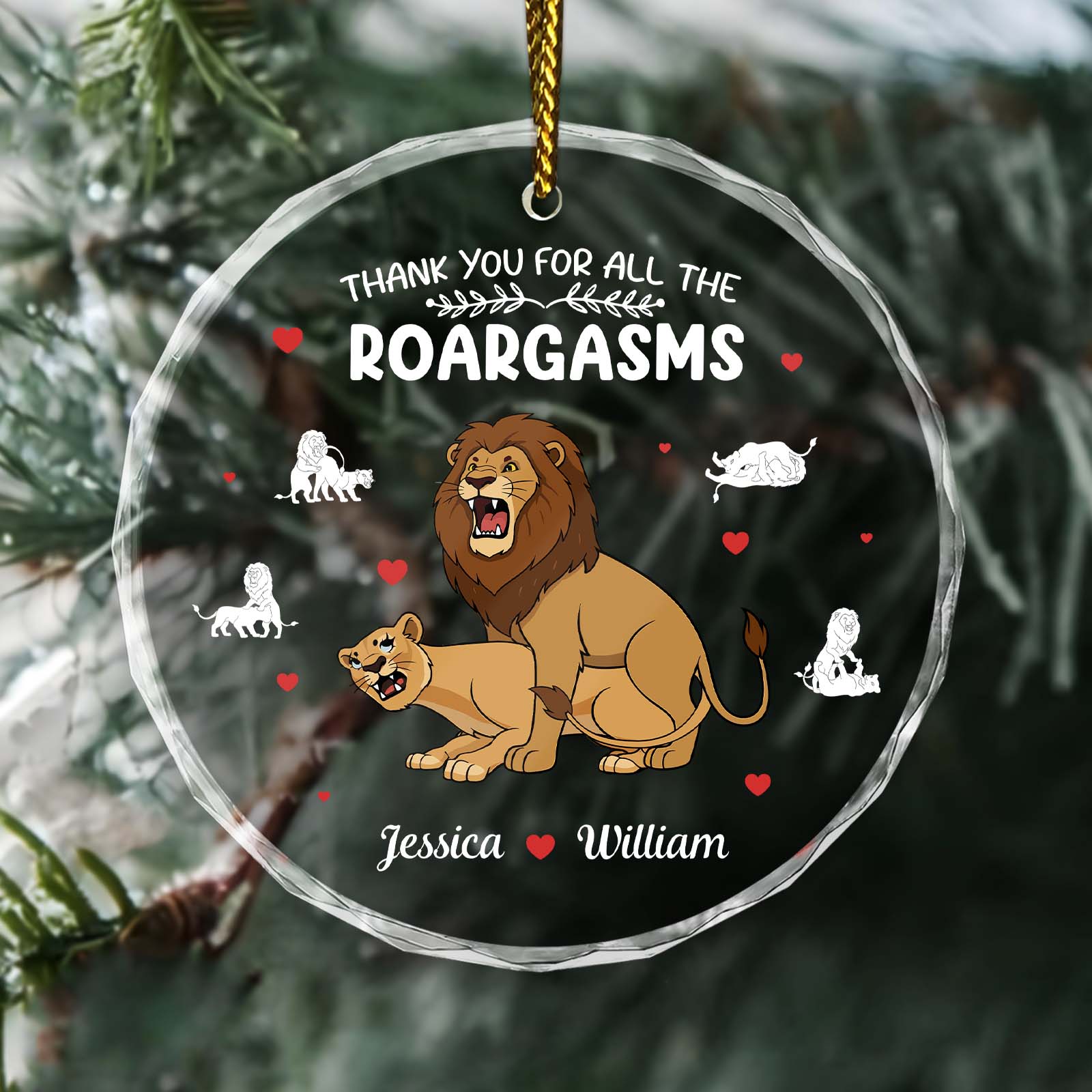 Personalized couple Christmas ornament featuring a lion and lioness with the names Jessica and William