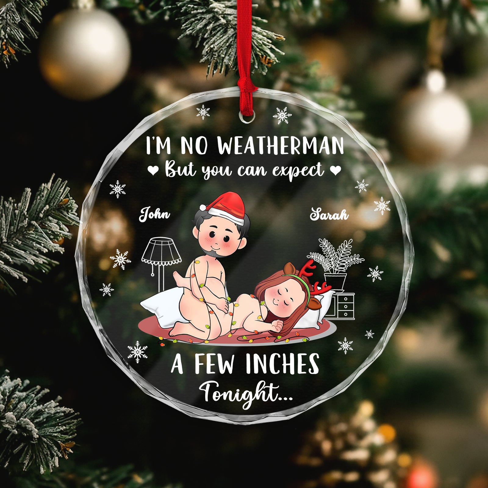 Personalized couple Christmas ornament featuring cartoon characters with custom names John and Sarah