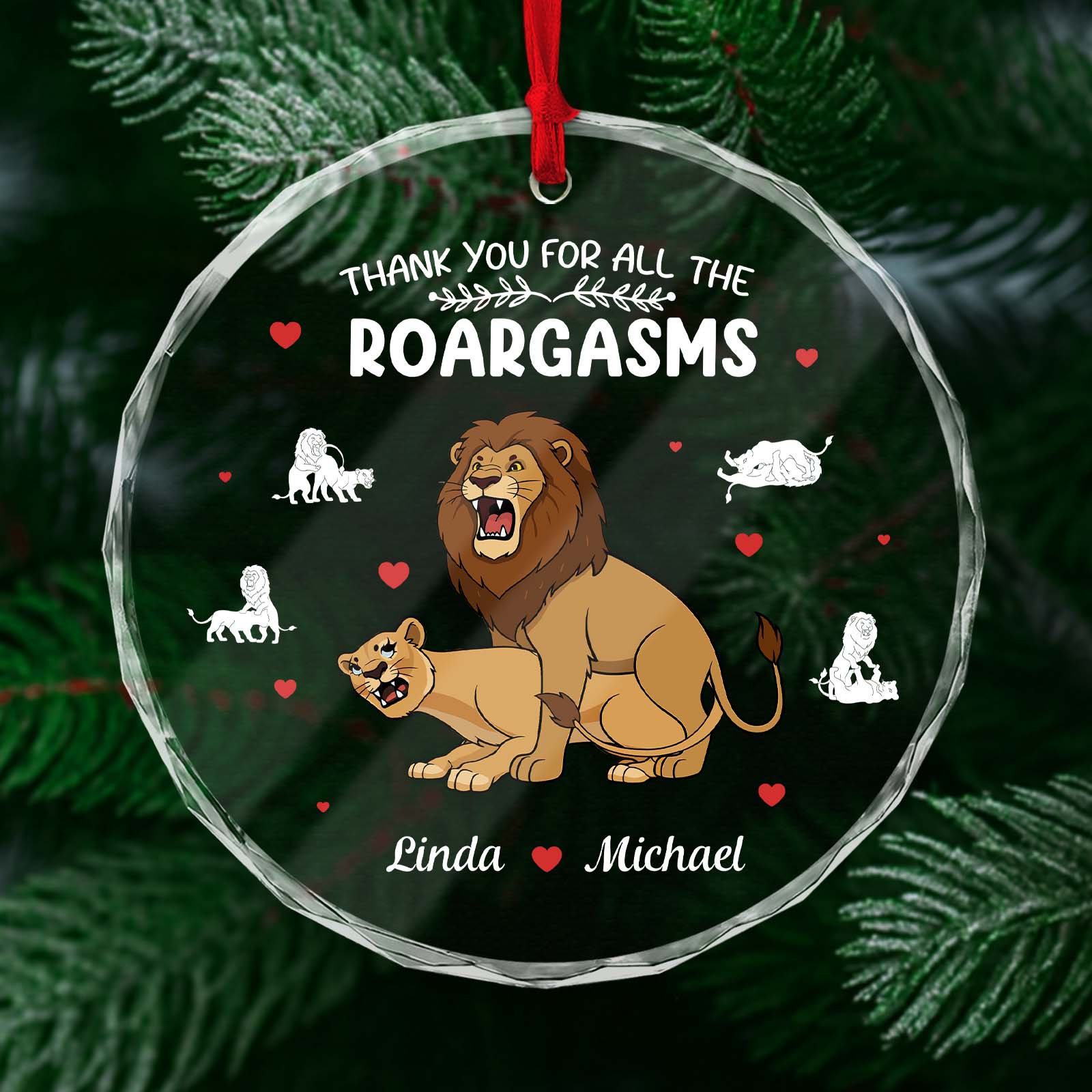 Personalized couple Christmas ornament featuring lions and names Linda and Michael