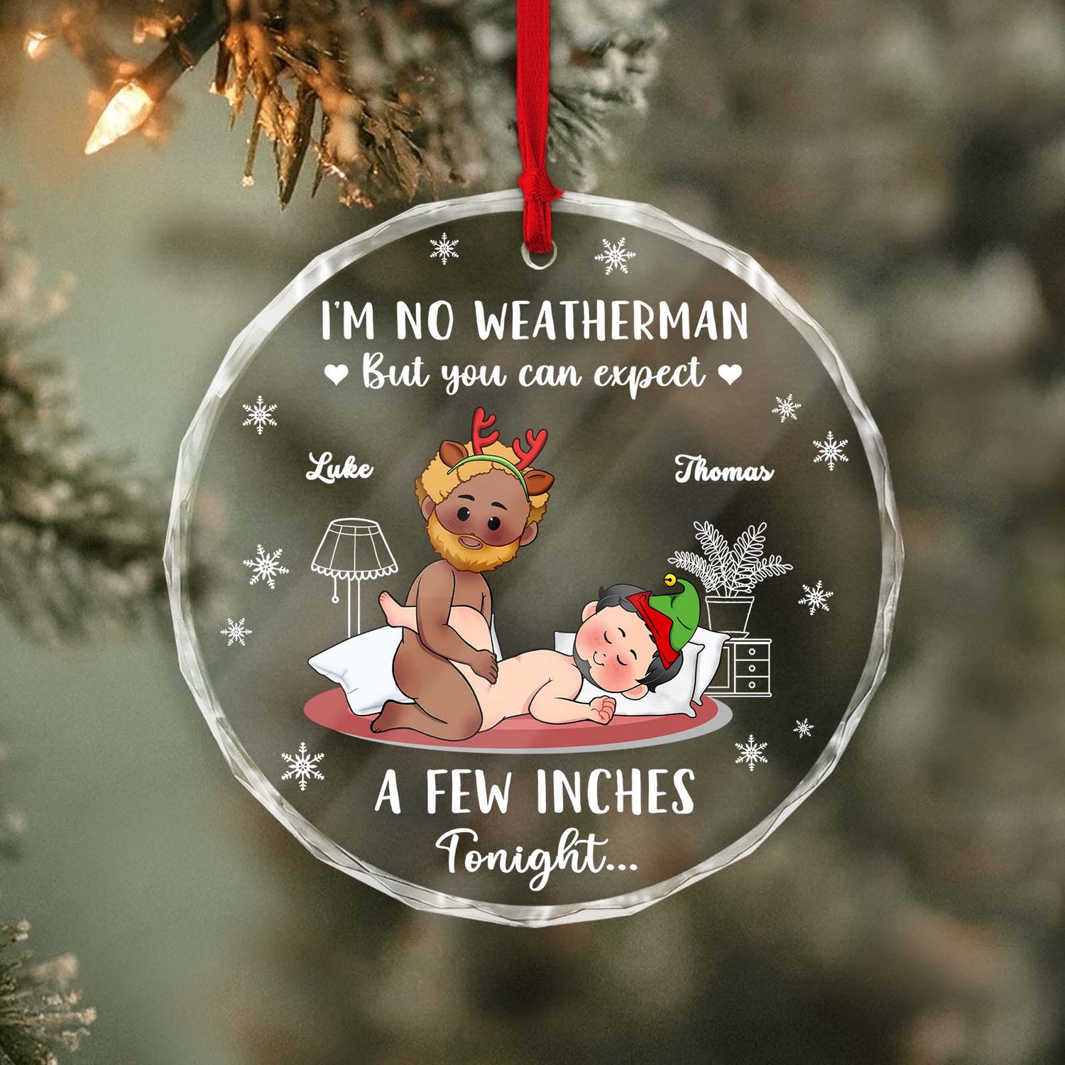 Personalized couple Christmas ornament featuring playful design and custom names Luke and Thomas