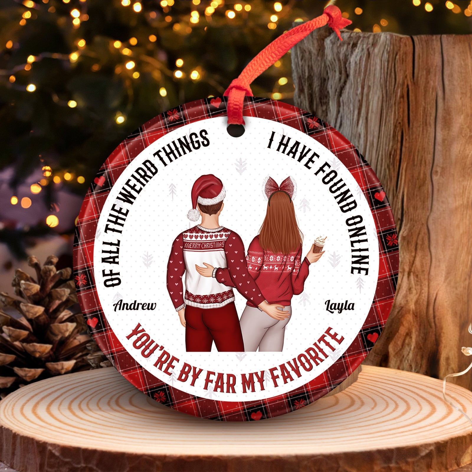 365Gifty personalized couple Christmas ornament with couple illustration and custom names Andrew and Layla