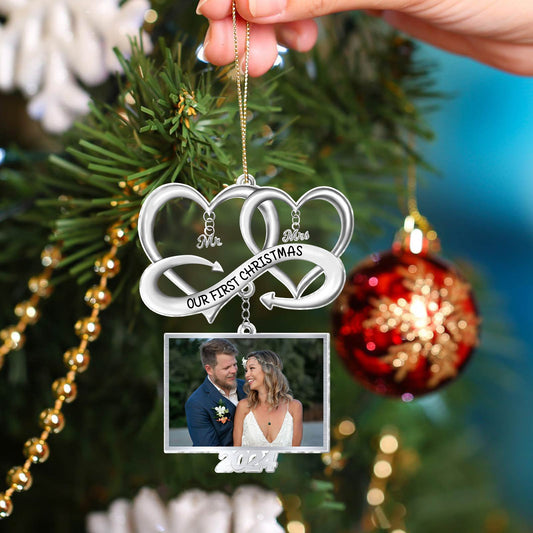 365Gifty personalized couple Christmas ornament with dual hearts, our first Christmas banner, and custom photo frame 2024