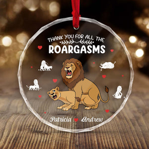 Personalized couple Christmas ornament featuring a lion and lioness with names Patricia and Andrew