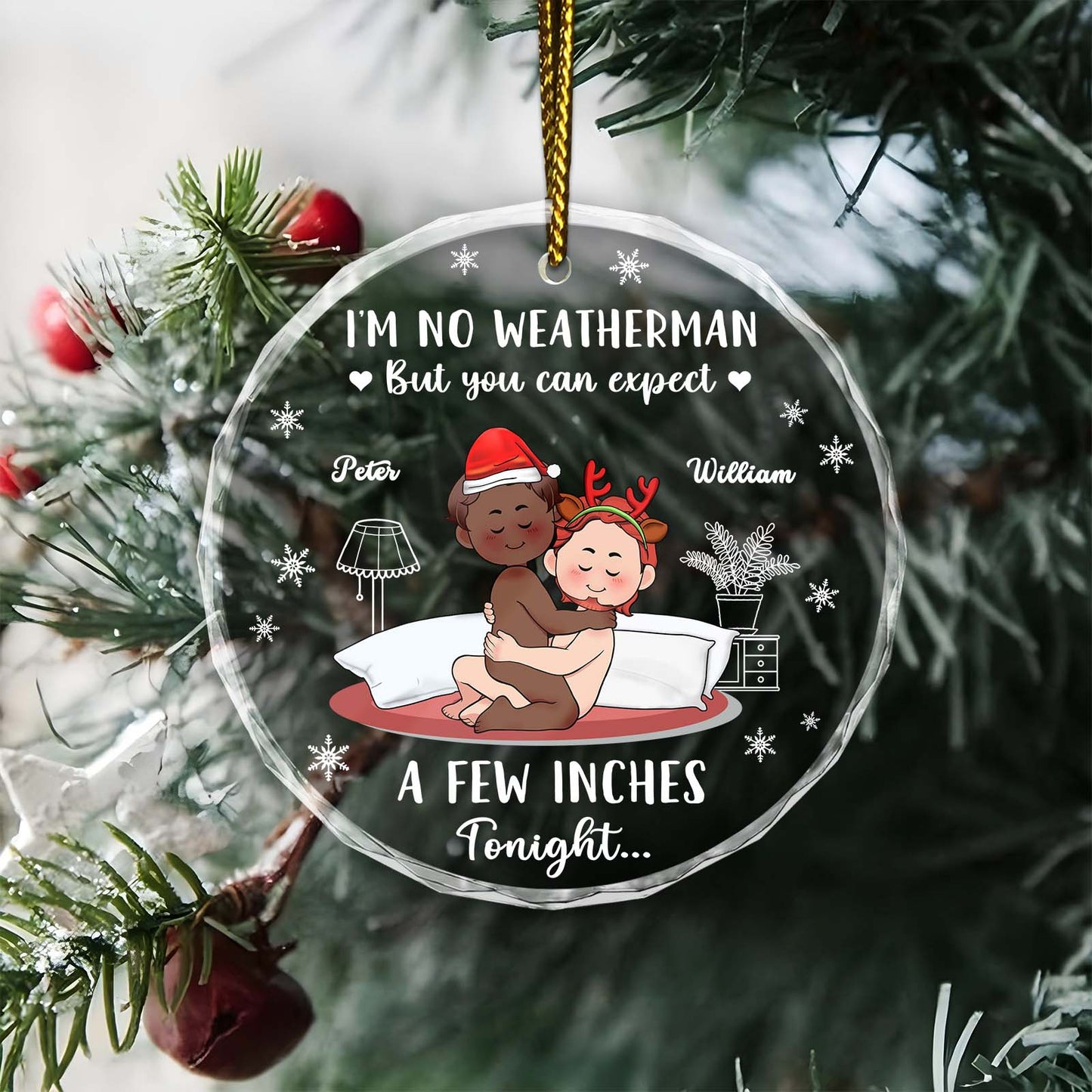 Personalized couple Christmas ornament featuring a playful design with names Peter and William