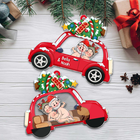 365Gifty personalized couple Christmas ornament featuring a red car with a Christmas tree and names Bella and Noah