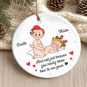 Personalized couple Christmas ornament featuring playful design with names Smith and Milah for holiday decor
