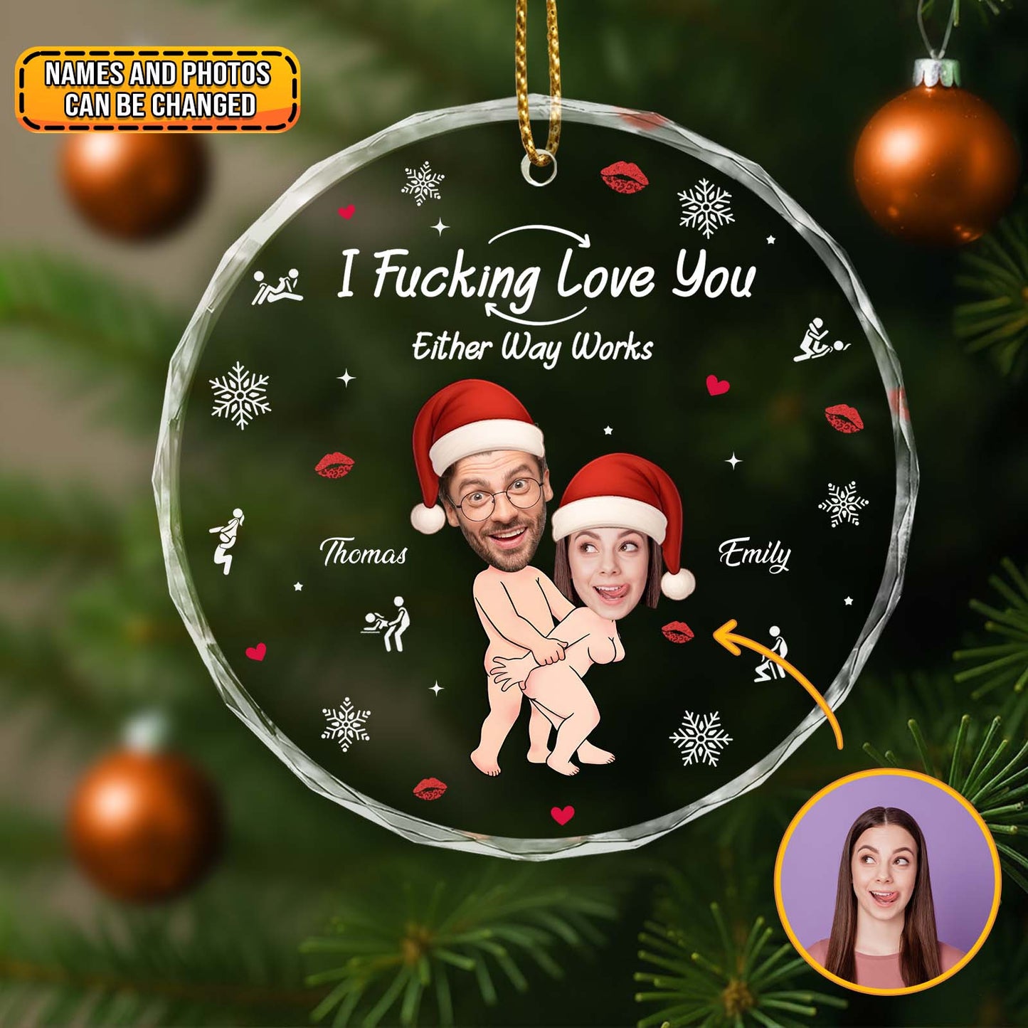 Personalized couple Christmas ornament featuring custom names and playful design for holiday decor