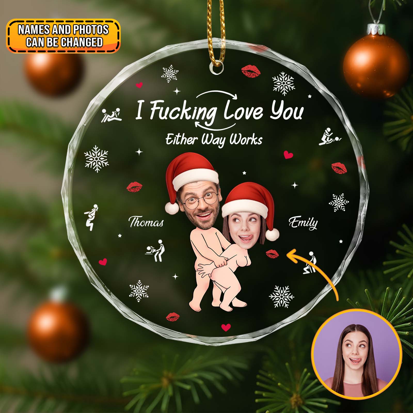 Personalized couple Christmas ornament featuring custom names and playful design for holiday decor