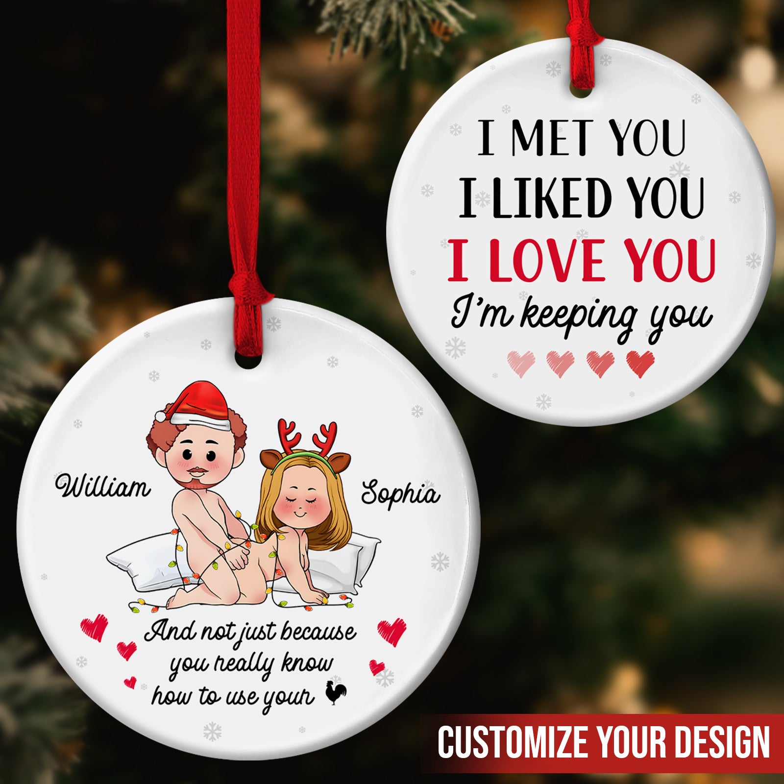 Personalized couple Christmas ornament featuring cute cartoon characters and customizable names