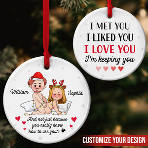 Personalized couple Christmas ornament featuring cute cartoon characters and customizable names