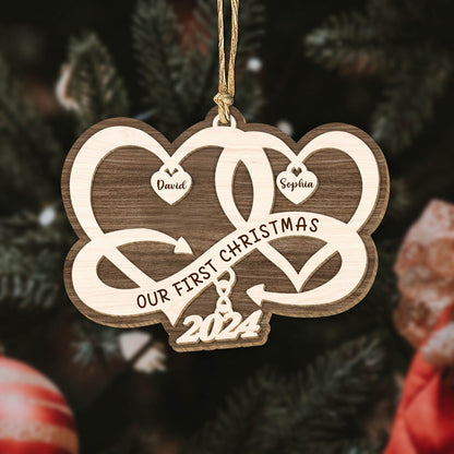 365Gifty personalized couple Christmas ornament wooden design with intertwined hearts and names David and Sophia