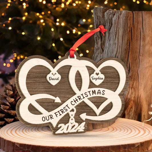 365Gifty personalized couple Christmas ornament wooden heart design with names David and Sophia and 2024 date