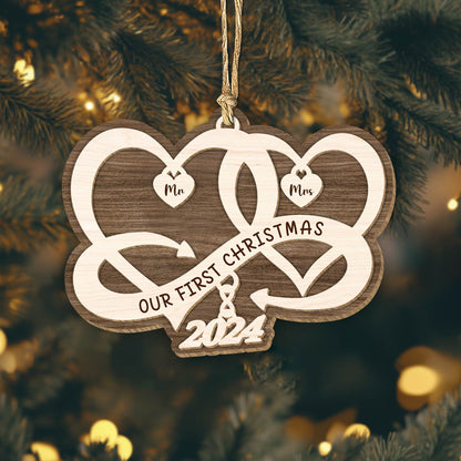 365Gifty personalized couple Christmas ornament with intertwined hearts and 2024 text hanging on tree