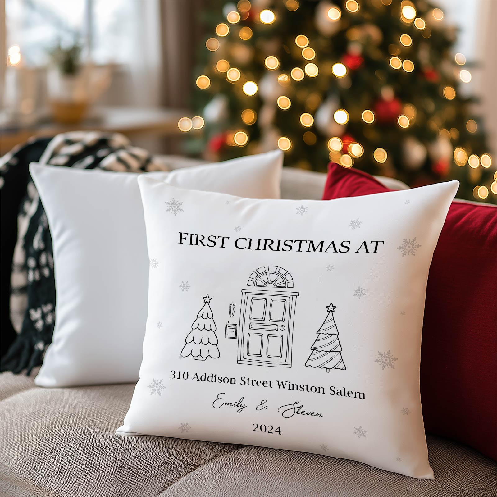 Personalized couple Christmas pillow with custom names and address for first Christmas celebration