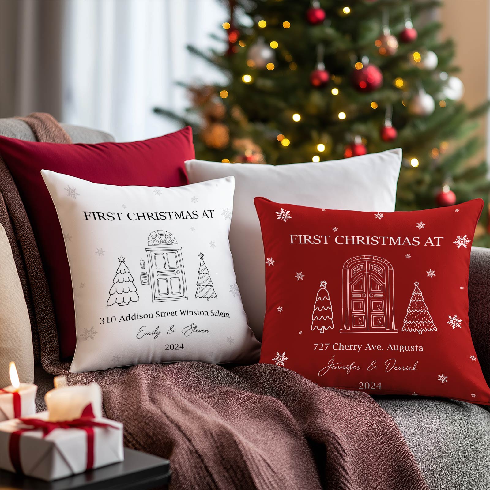 Personalized couple Christmas pillow set with custom address and names in red and white colors