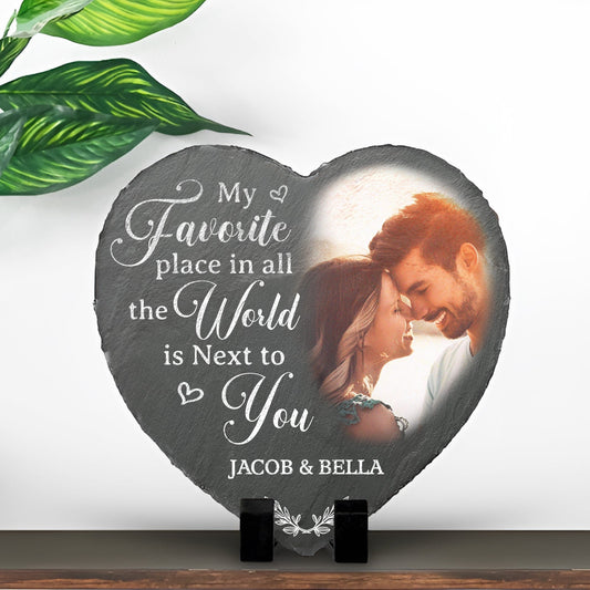 Personalized couple heart stone with romantic photo and engraved favorite place quote