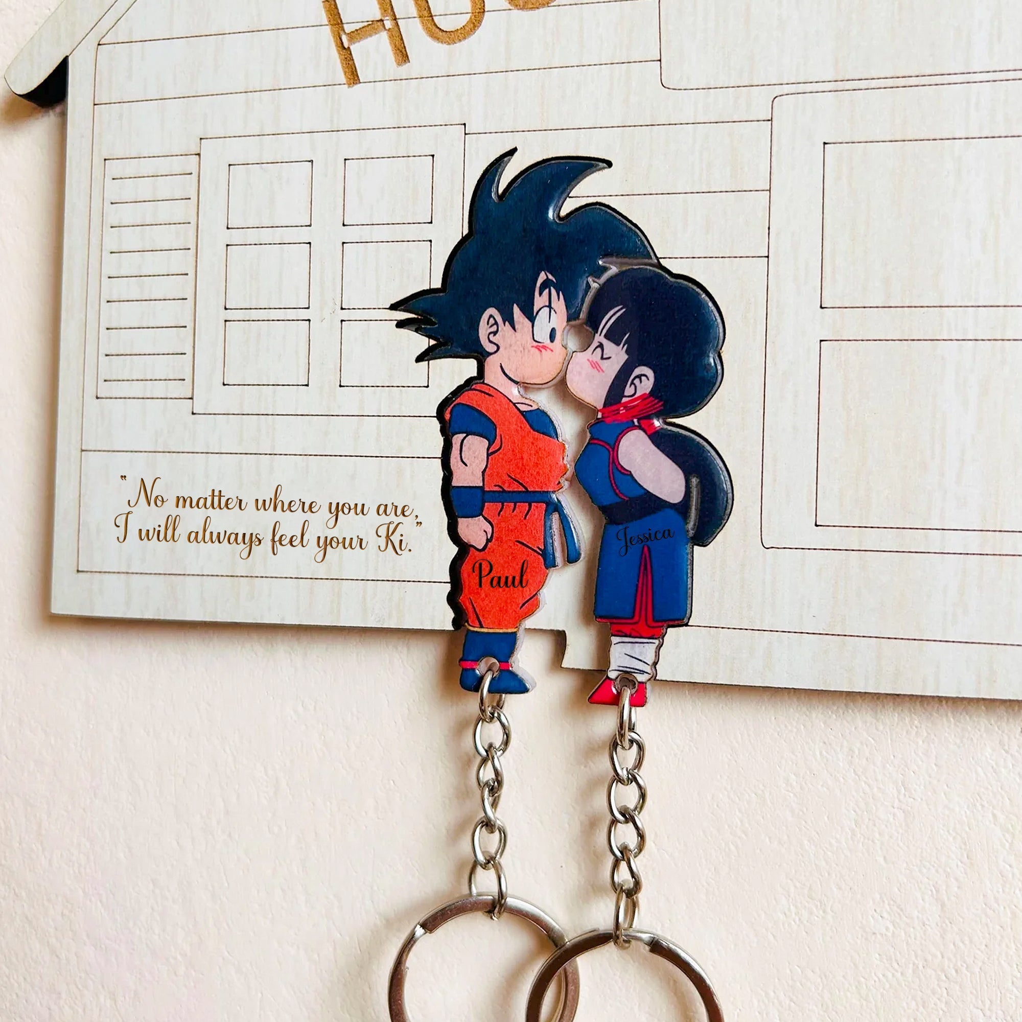 Personalized couple key holder featuring cartoon characters with names Paul and Jessica, perfect for couples.