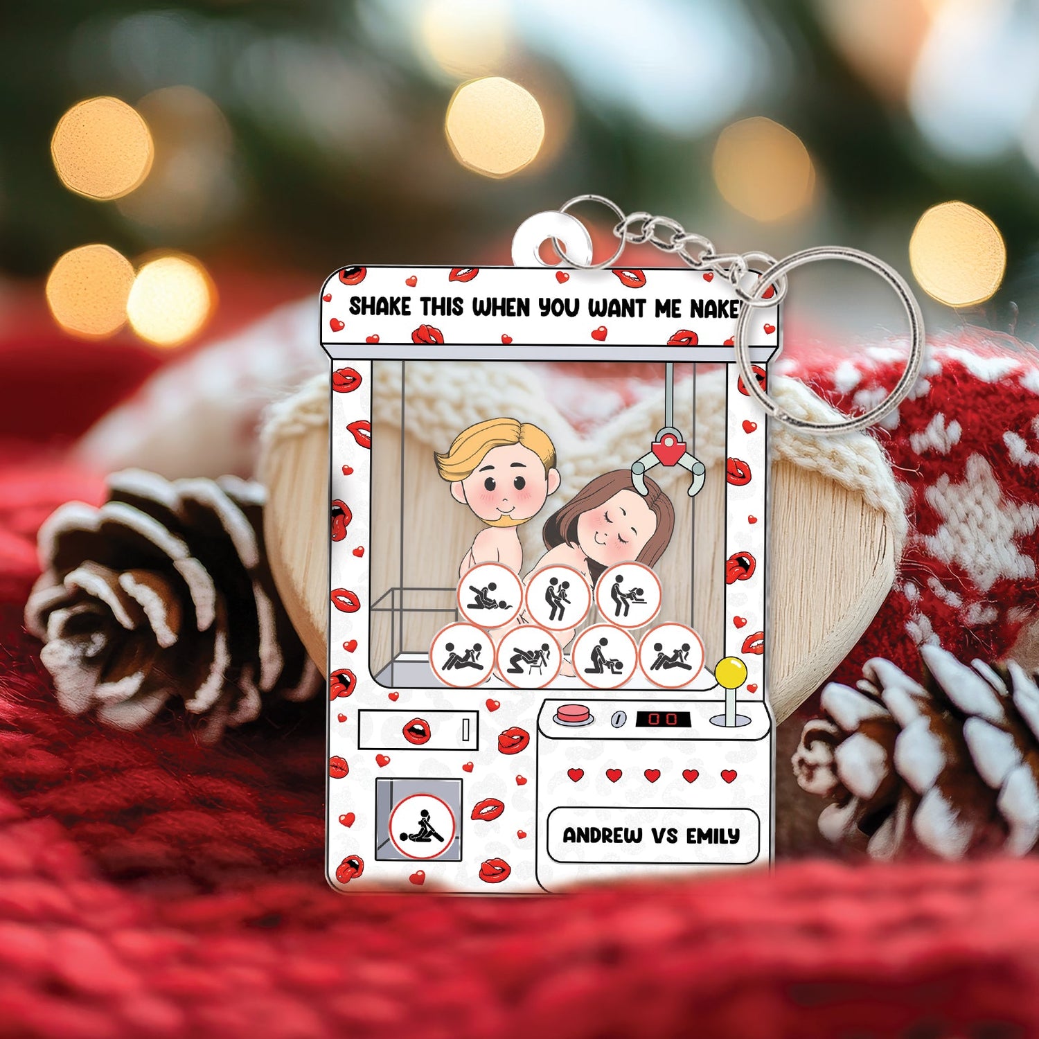 Personalized couple keychain featuring custom illustrations of Andrew and Emily on a playful design
