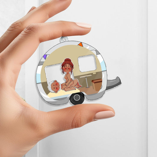 Personalized couple keychain featuring cute cartoon characters in a cozy camper scene