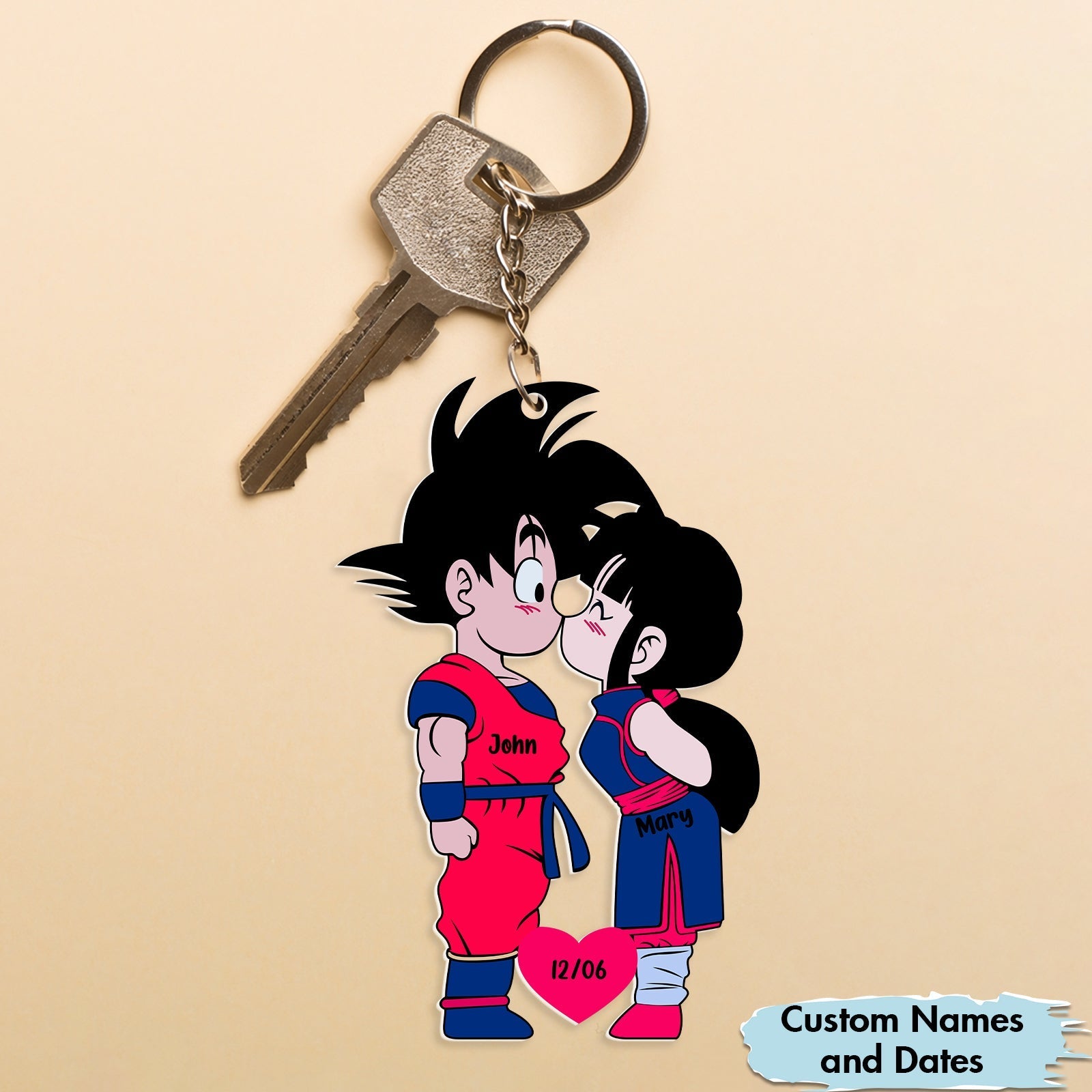 Personalized couple keychain featuring cartoon characters with custom names and dates