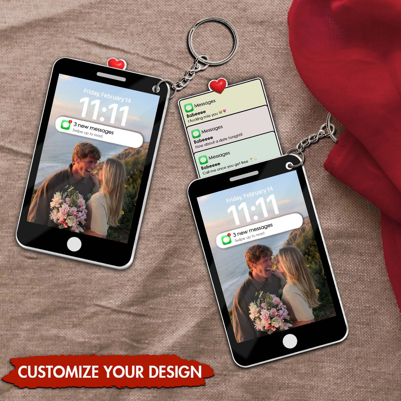 Personalized couple keychain featuring customizable phone designs for a romantic gift