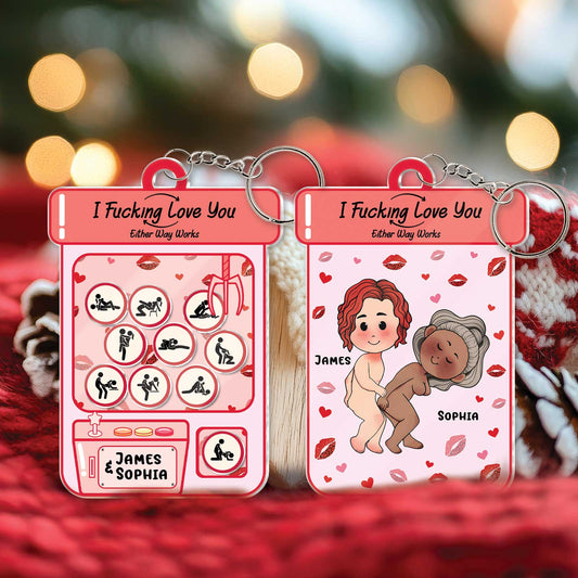 Personalized couple keychain with playful design featuring cartoon characters and loving message