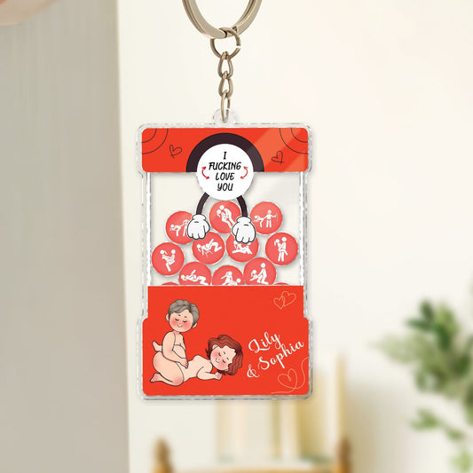 Personalized couple keychain featuring playful love graphics and custom names for a unique gift