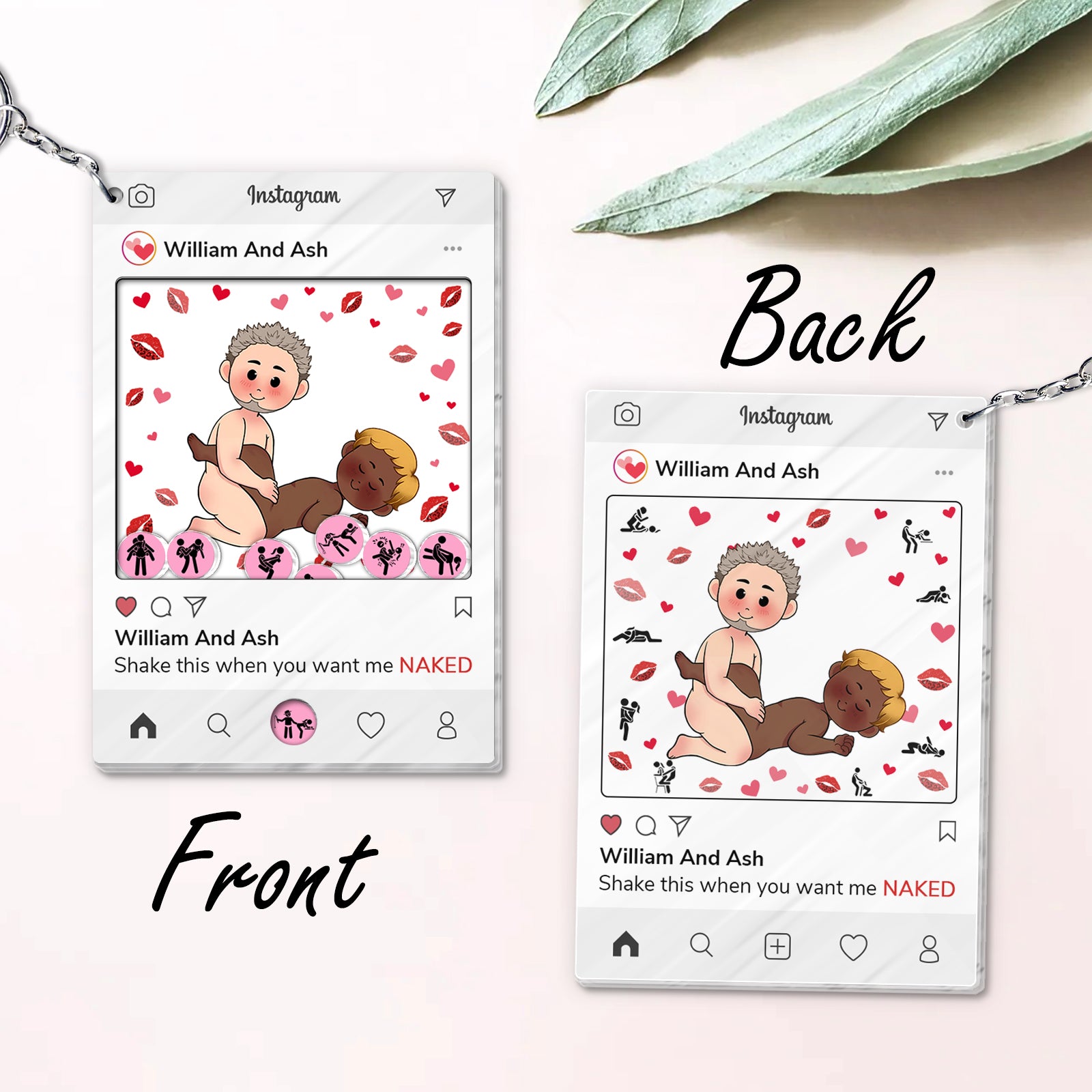 365Gifty personalized couple keychain featuring cartoon couple design with Instagram post style front and back