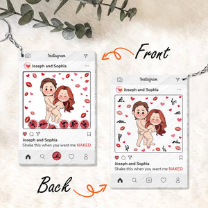Personalized couple keychain with Instagram post design featuring cute hugging cartoon couple and romantic heart accents
