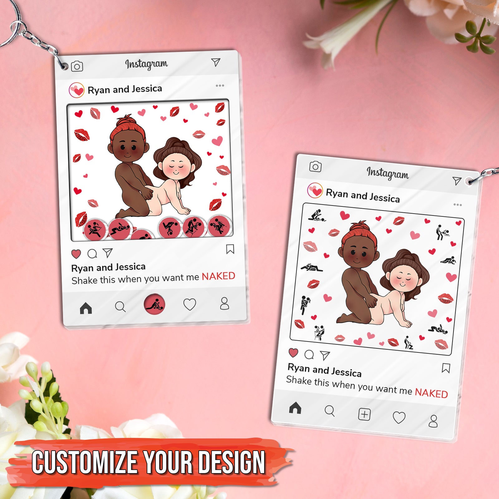 Personalized couple keychain Instagram style with customizable cartoon couple and names Ryan and Jessica