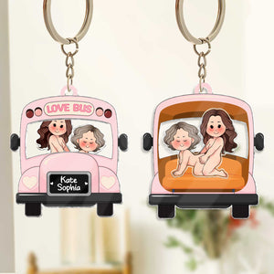 Personalized couple keychain featuring a cute love bus design with customizable names Kate and Sophia
