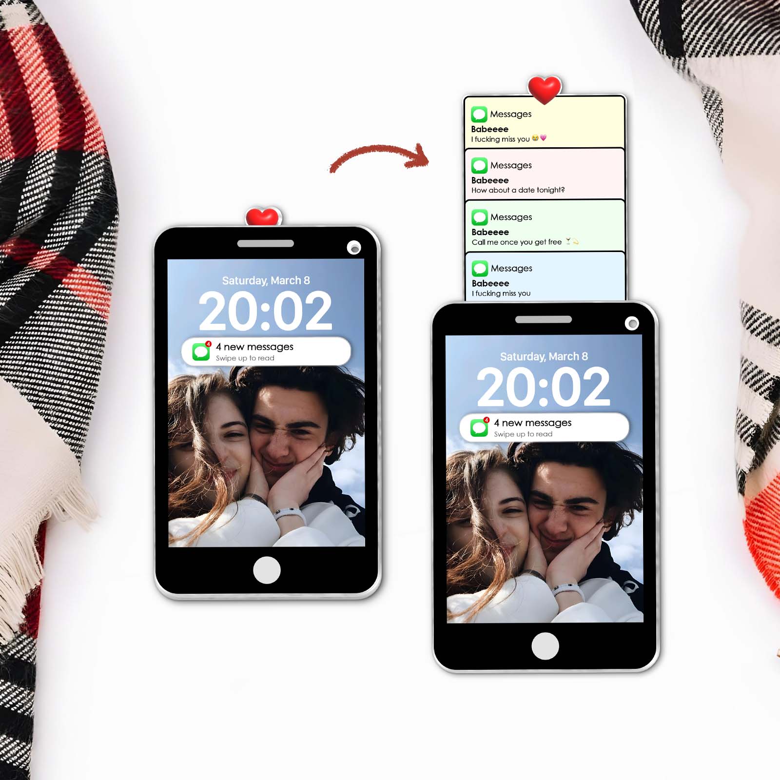 Personalized couple keychain design featuring two smartphones with love messages