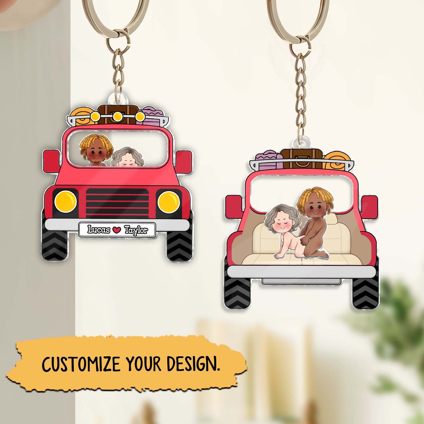 Personalized couple keychain with custom characters in a red truck, perfect for gifts