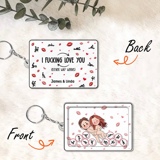 personalized couple keychain with cute cartoon couple and funny I love you message with names James and Linda
