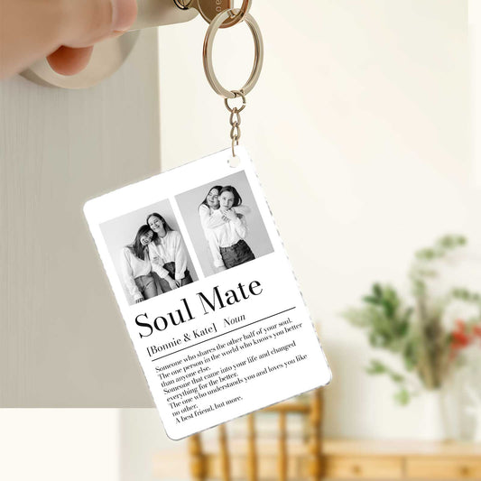 Personalized couple keychain featuring meaningful photos and a definition of soulmate