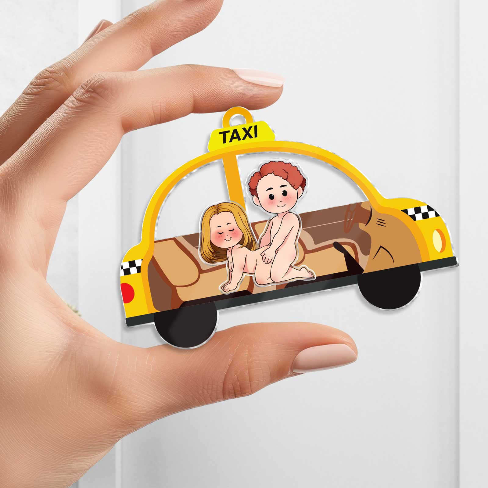 Personalized couple keychain featuring a cute cartoon couple in a taxi design
