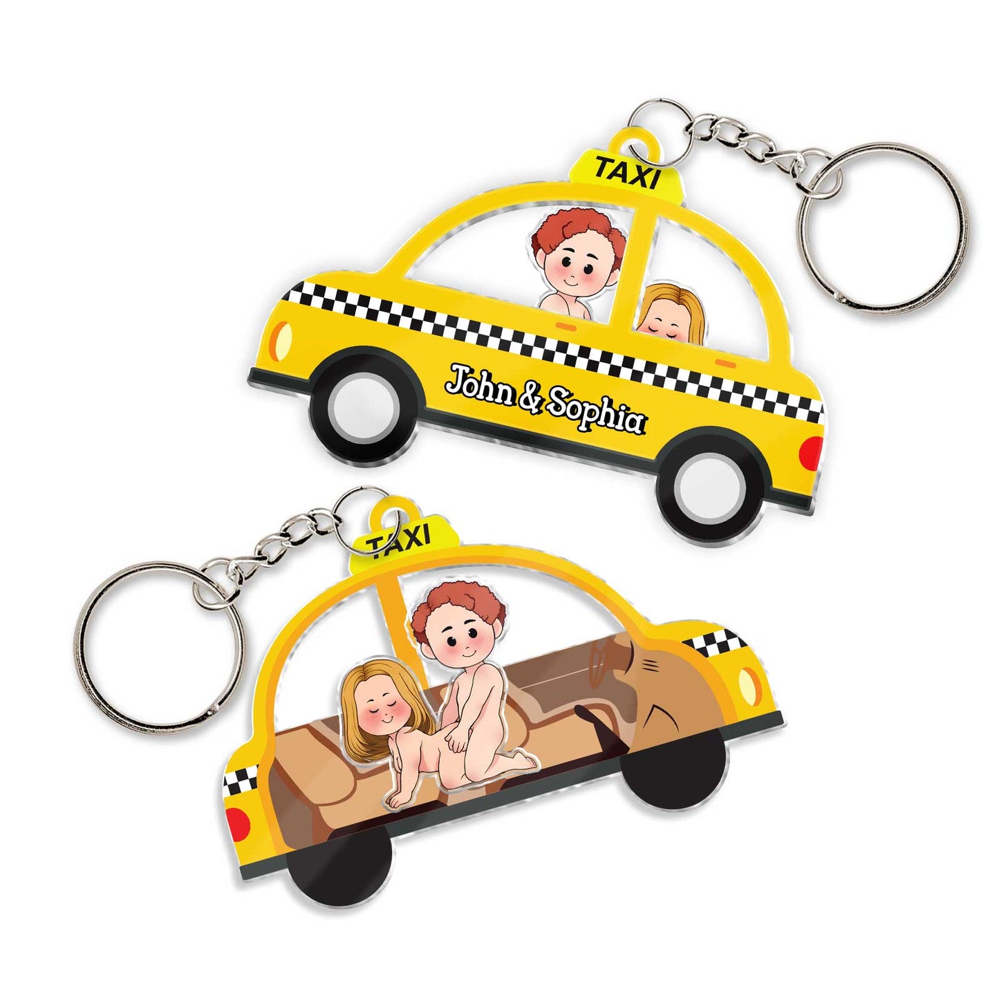 Fun personalized couple keychain featuring a yellow taxi with cartoon characters John and Sophia