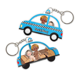 Personalized couple keychain featuring a taxi design with custom names Paul and Mary
