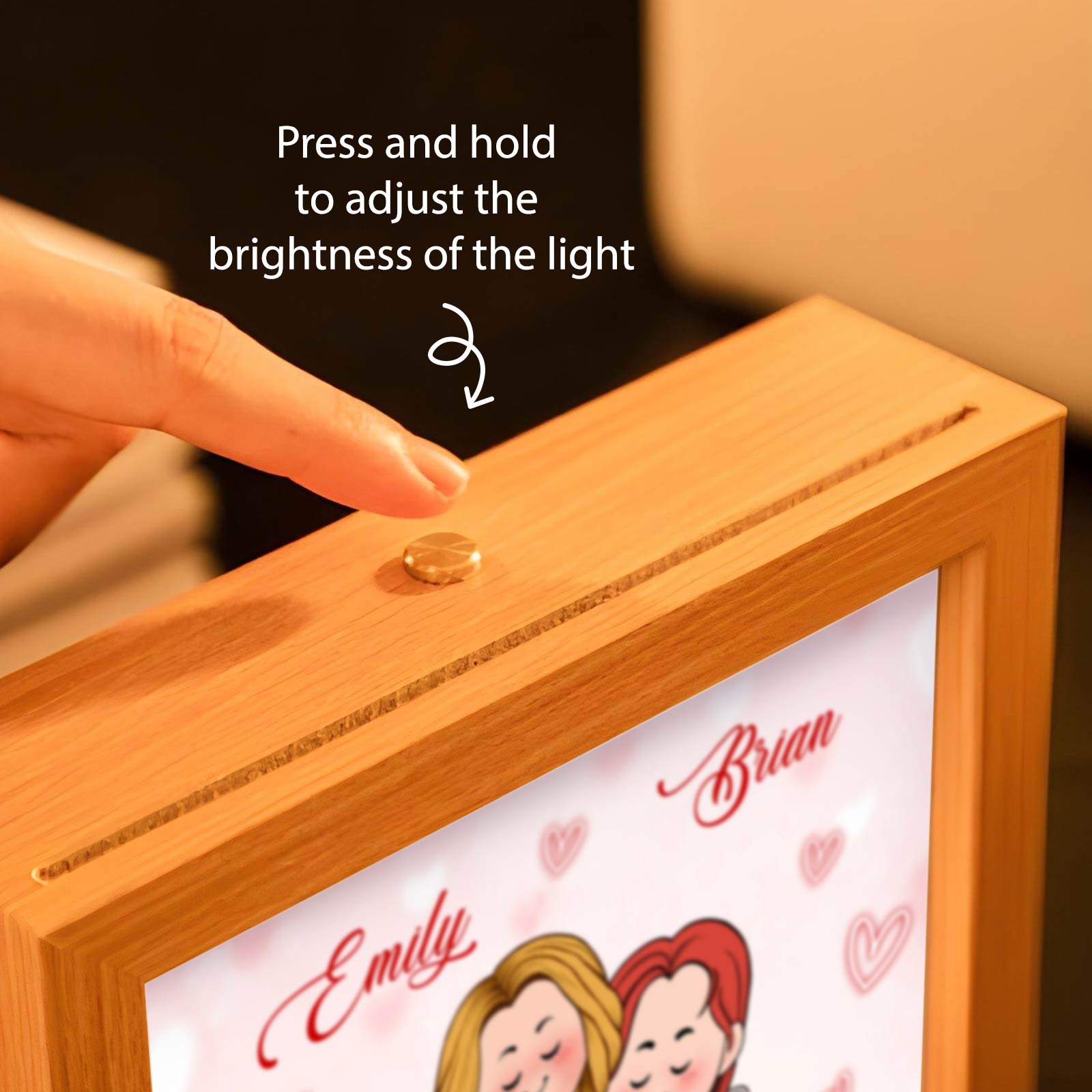 Personalized couple lamp box with adjustable brightness, featuring custom names Emily and Brian