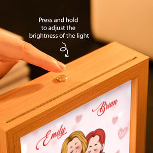 Personalized couple lamp box with adjustable brightness, featuring custom names Emily and Brian