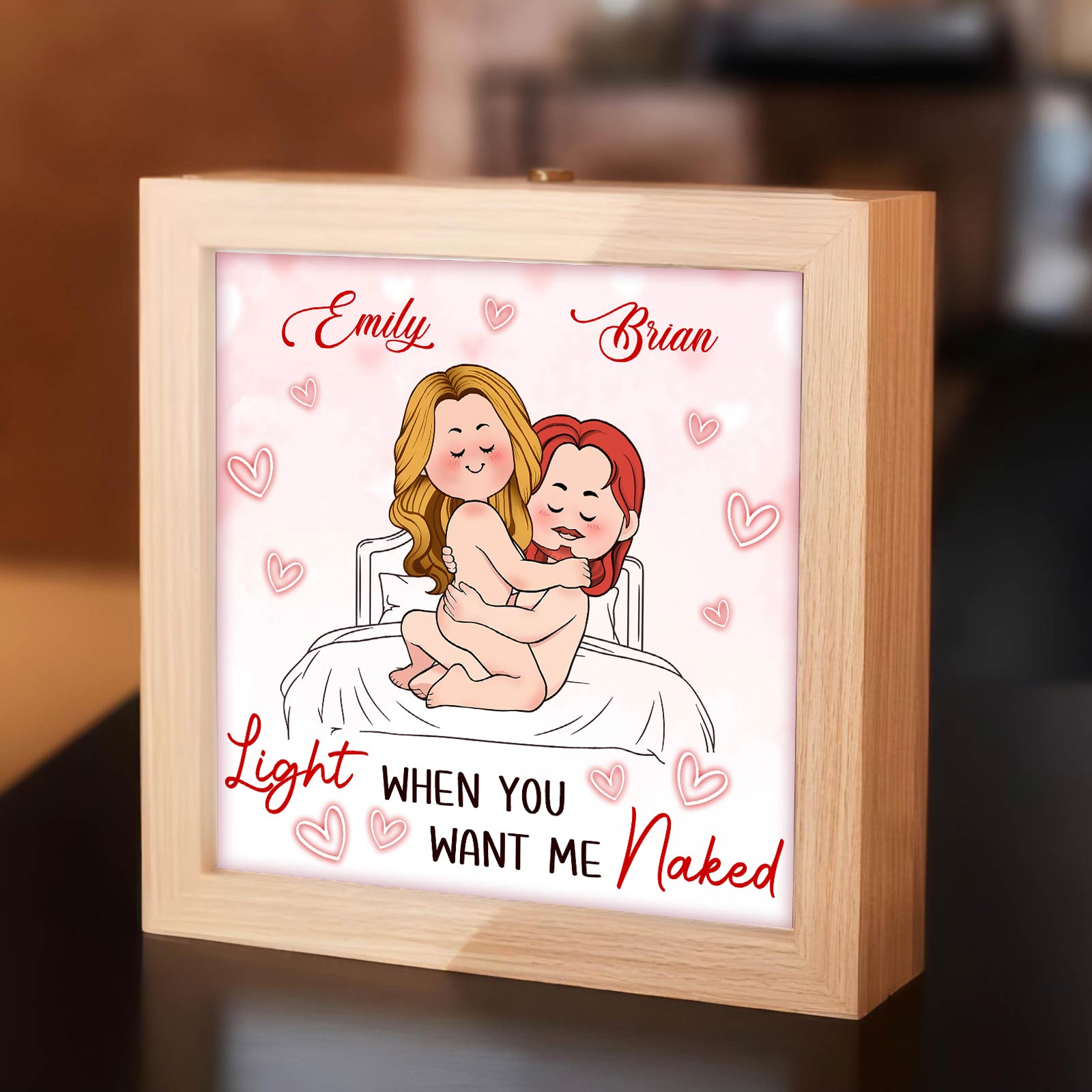 Personalized couple lamp box featuring a cute illustration with names and romantic message