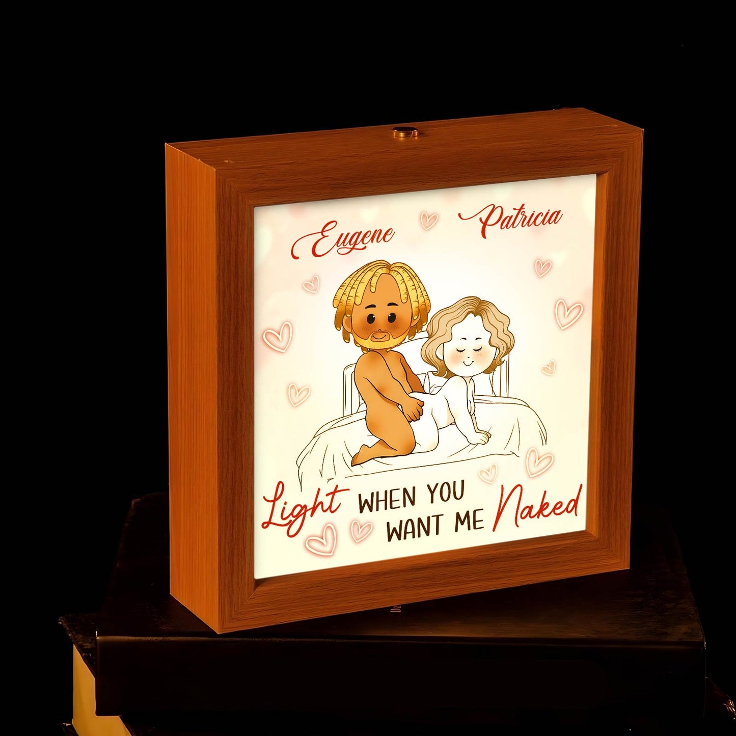 Personalized couple lamp box featuring custom names and playful design for romantic home decor