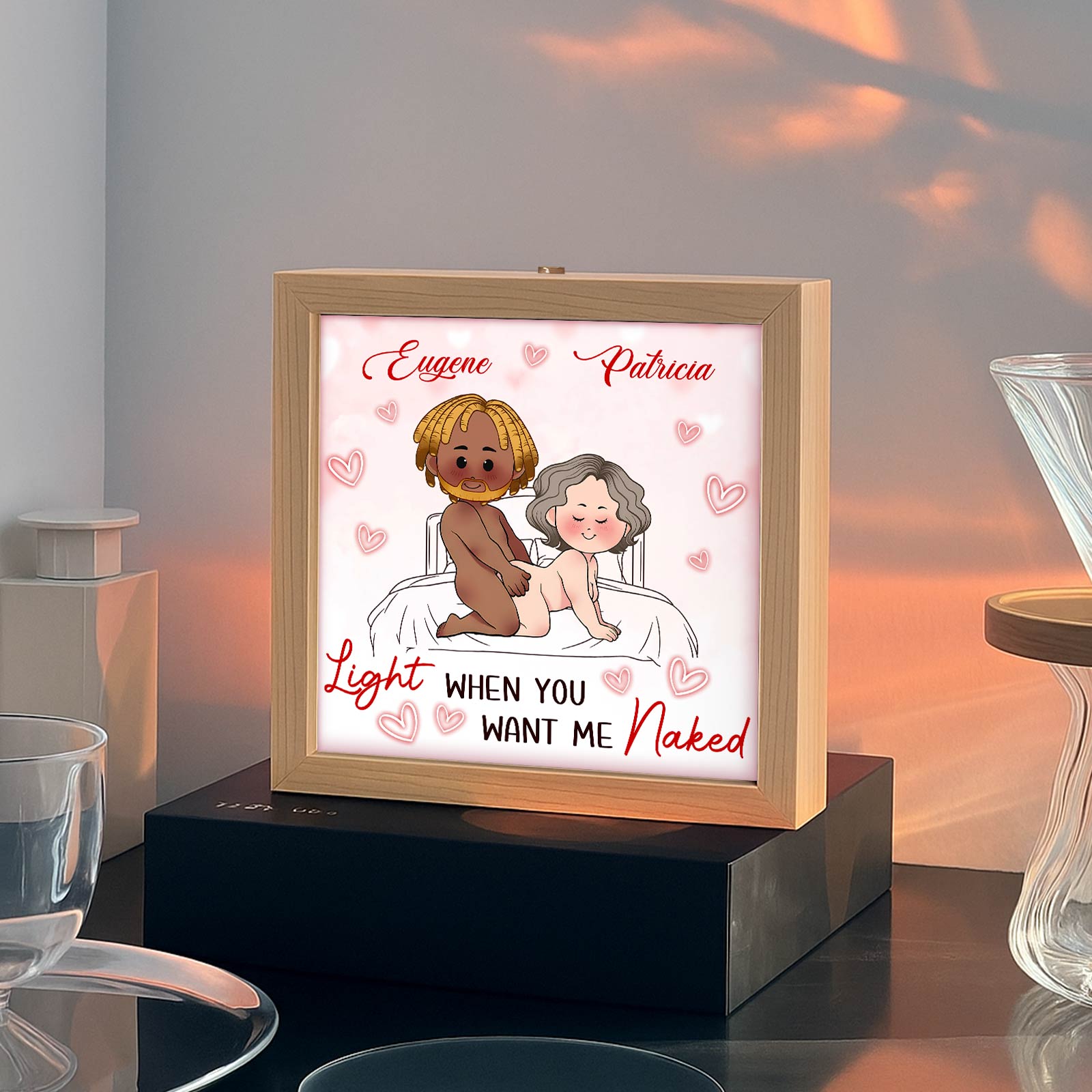 Personalized couple lamp box featuring custom illustration with names for romantic home decor