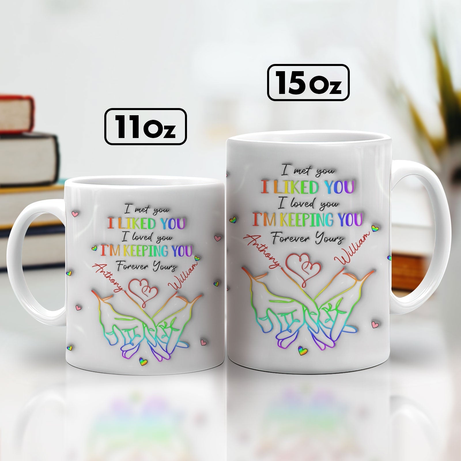 Personalized couple mug featuring colorful heart designs and customizable names for a unique gift