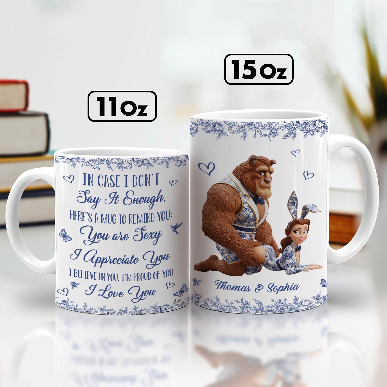 Personalized couple mug featuring sweet messages and cartoon characters for memorable gifting