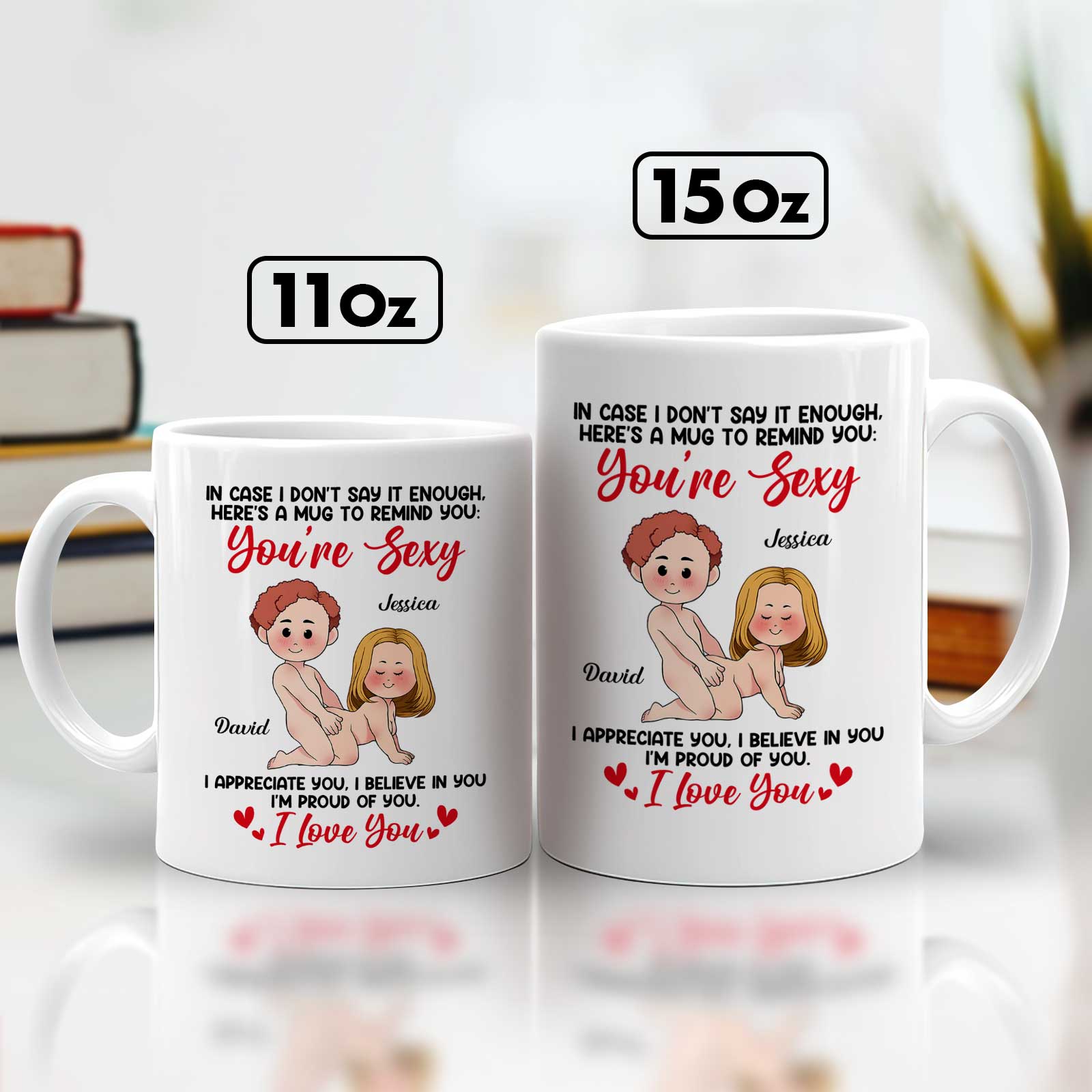 Personalized couple mug featuring cute characters and heartfelt messages for couples