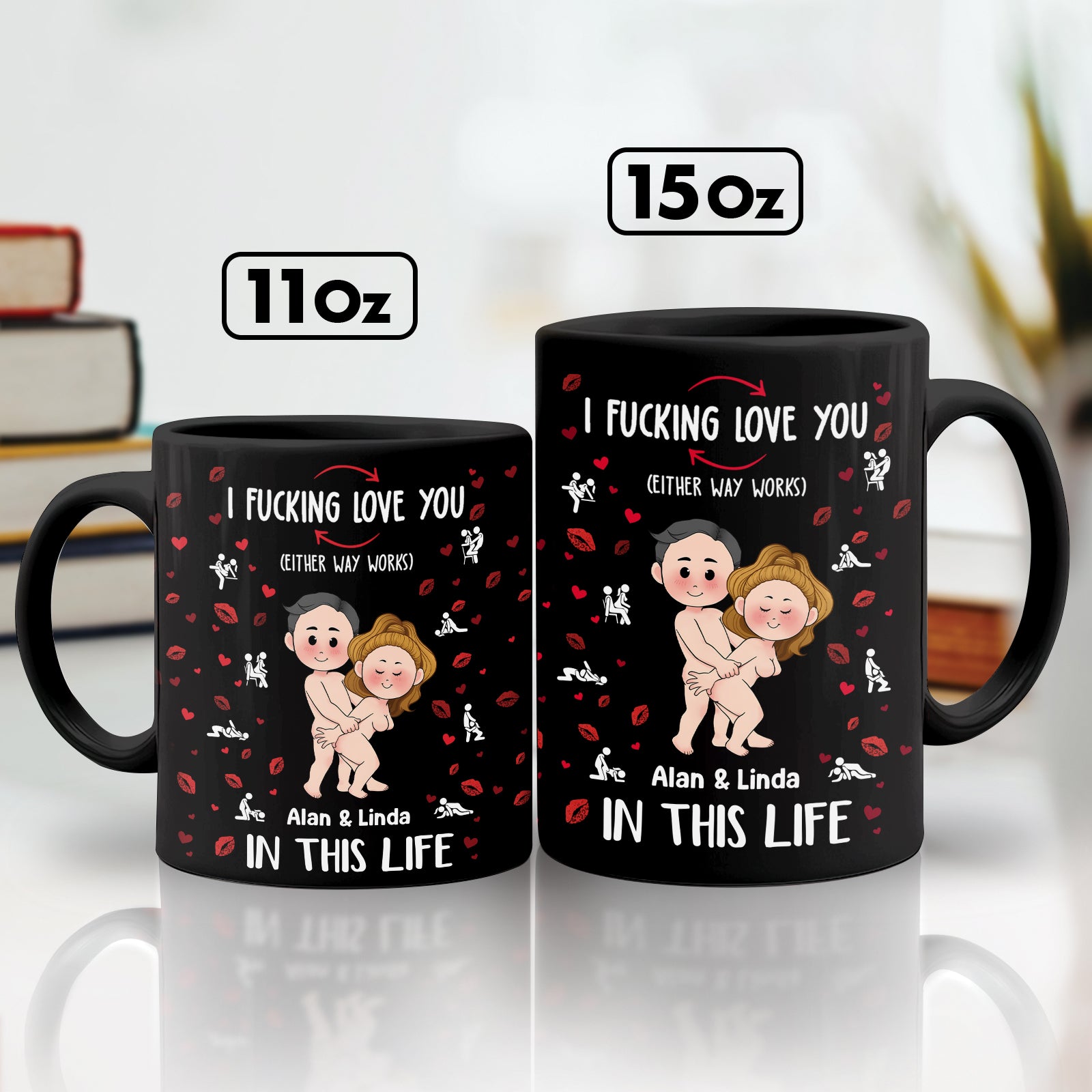 Personalized couple mug set with cartoon couple design and names Alan and Linda in black