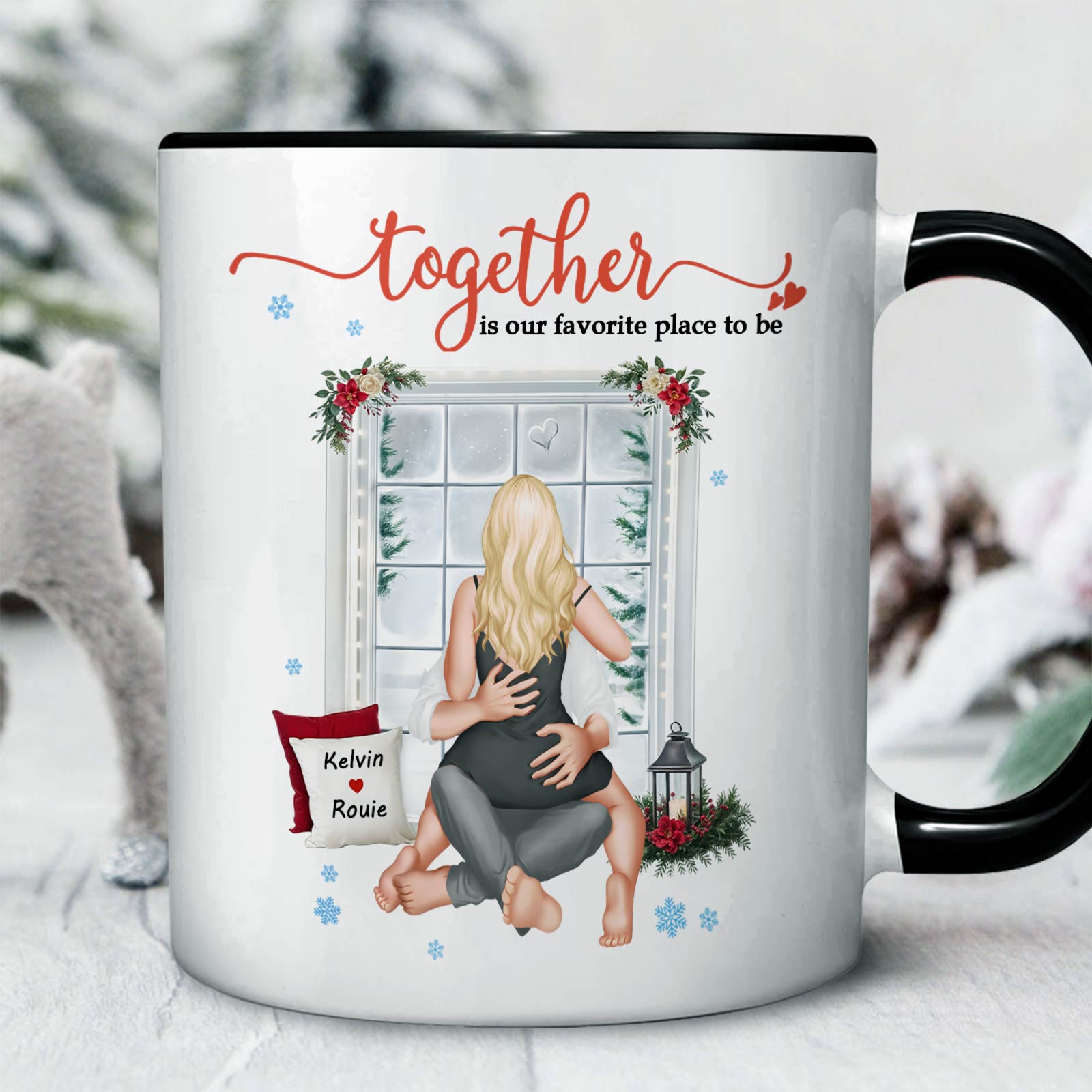 365Gifty personalized couple mug with couple hugging by window and romantic quote together is our favorite place